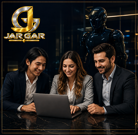 Equipe da agência de marketing digital JAR GAR trabalhando com tecnologia e inteligência artificial